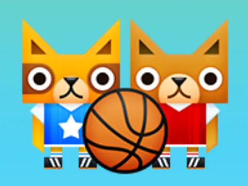 Dois gatos com uniforme de basquete, um azul e outro vermelho, com uma bola de basquete ao centro. Imagem divertida de jogo estilo arcade.